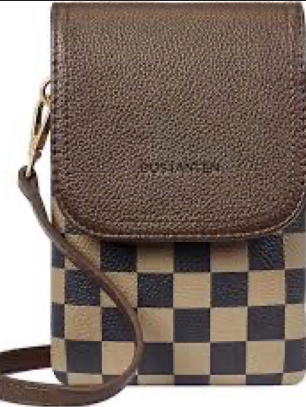Brown Checkered Mini Crossbody Bag with Textured Flap